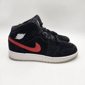 Nike Air Jordan 1 Mid, Suede, Black, Size 5Y Red and Blue Swoosh‎ Boys Youth